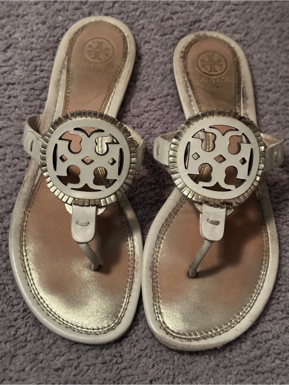 AUTHENTIC Tory Burch White Leather Logo Cutout Thong Sandals